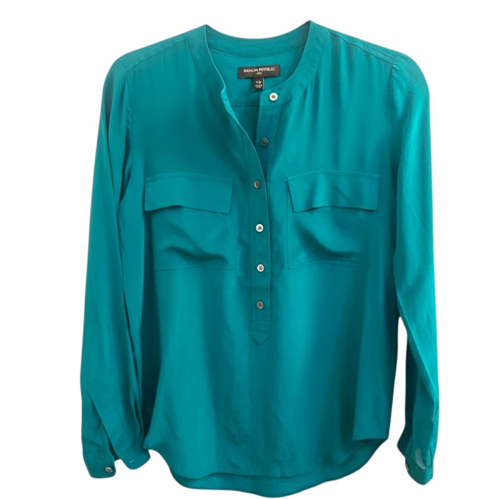 Banana Republic Womens Blouse Top Silk Teal Green Luxury Classic Office Chic